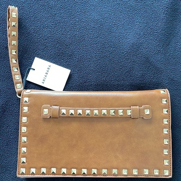 Studded clutch wristlet in camel with gold tone pyramid studs. NWT - Picture 3 of 5